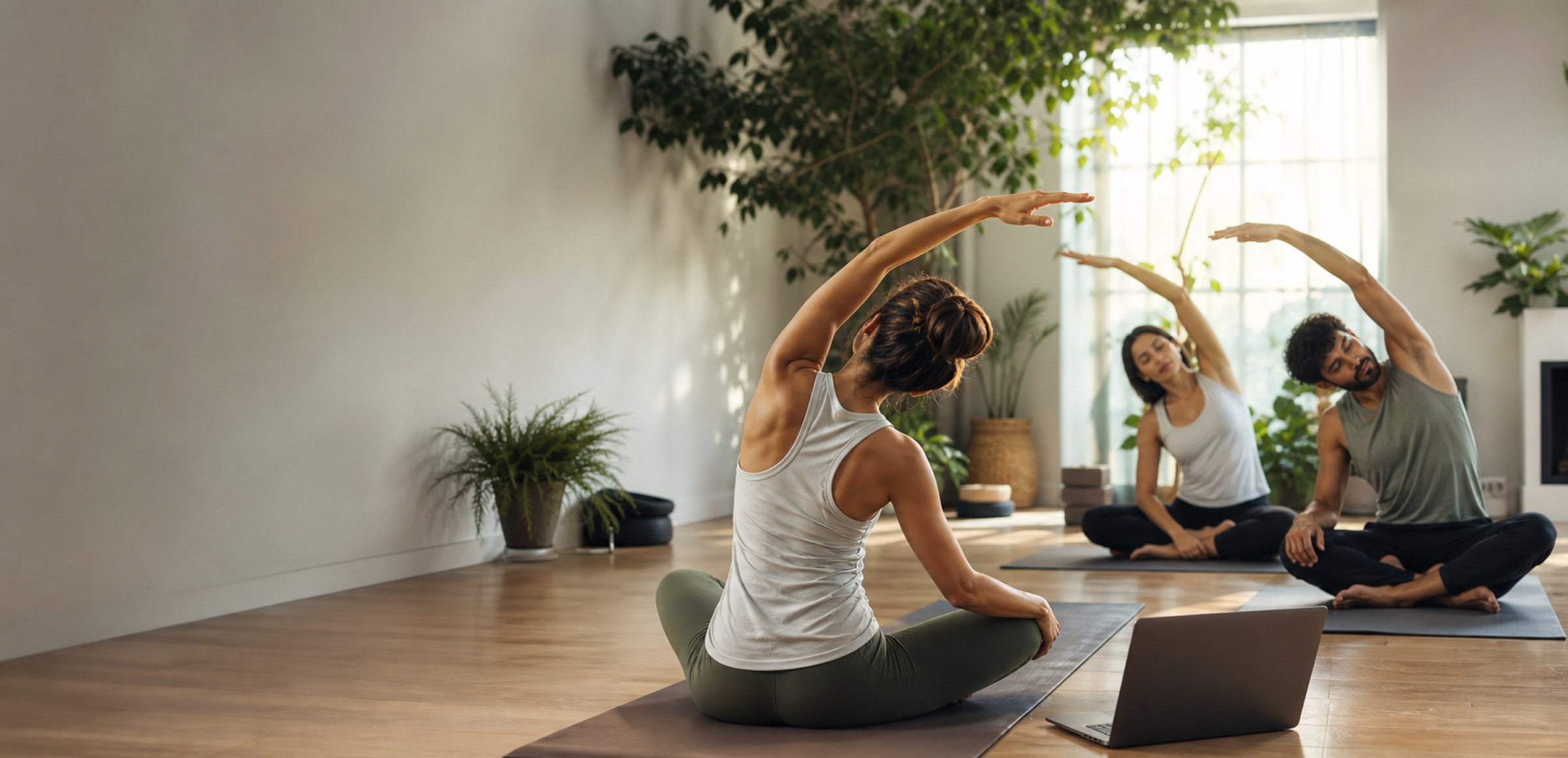 A calm online yoga class with an instructor leading movement from a bright studio
